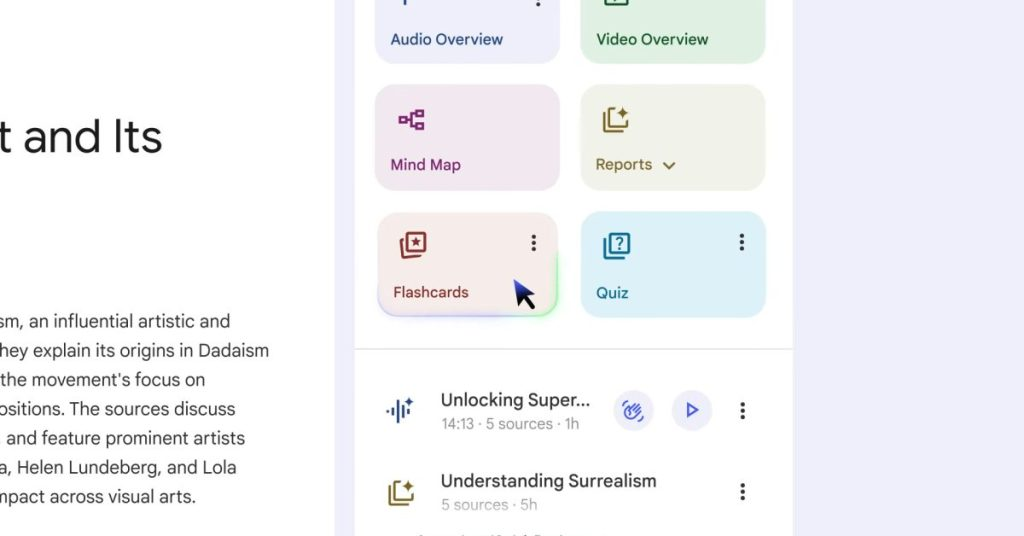 学习必备 Google NotebookLM 推出 Flash Card、测验与改版报告功能